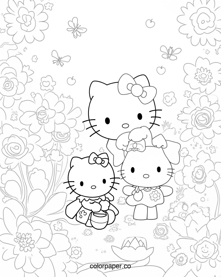 Hello Kitty and Friends in a Flower Garden