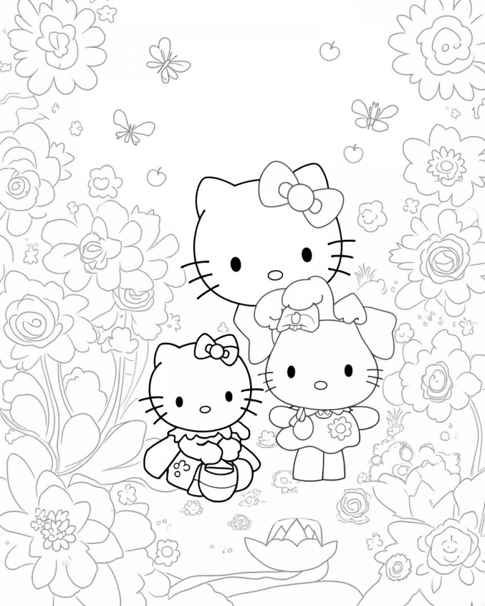 Hello Kitty and Friends in a Flower Garden